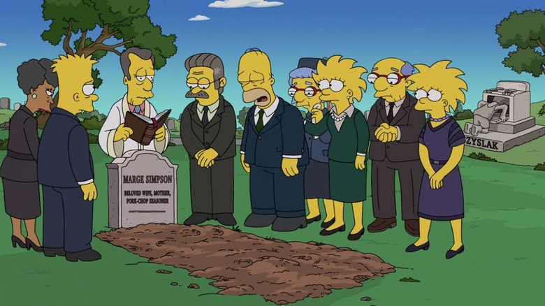Homer cries as the family gathers for Marge's funeral in The Simpsons