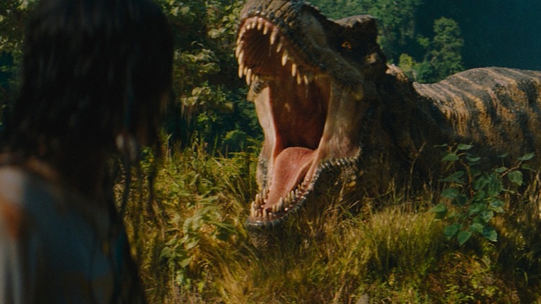 T-Rex roars at human in 